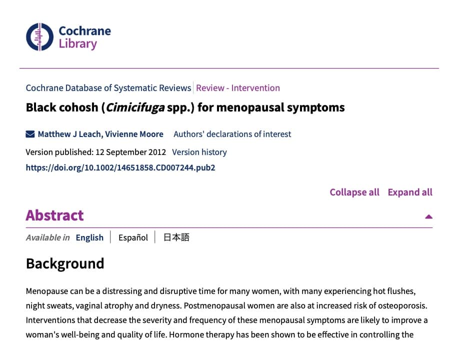 Screenshot Cochrane Review Black Cohosh